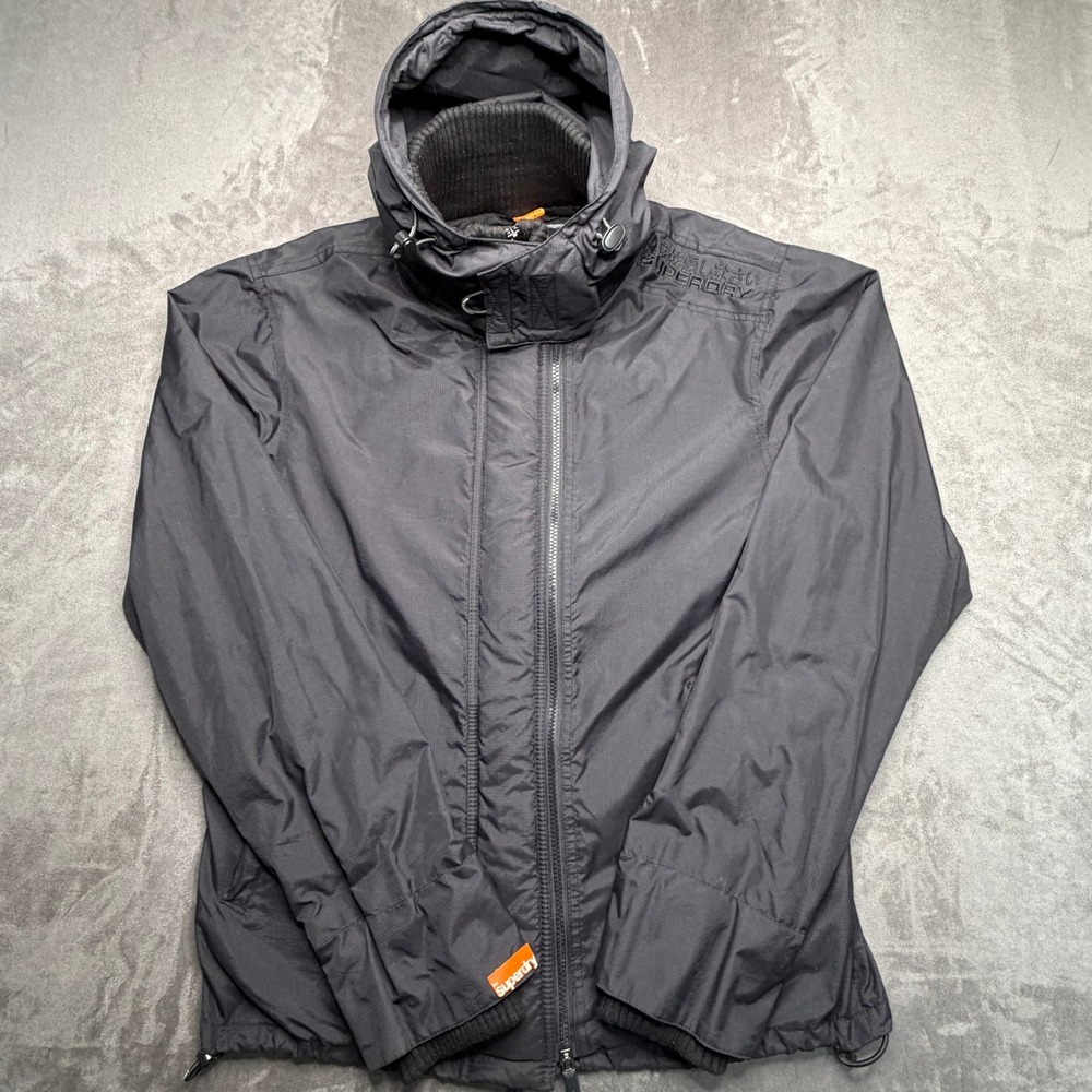 Superdry Windcheater Jacket Mens XL Black Triple Zip Hooded Ripstop Coat